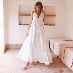 Sezane Clare Robe Eyelet Lace Boho Maxi Dress in White Small/36